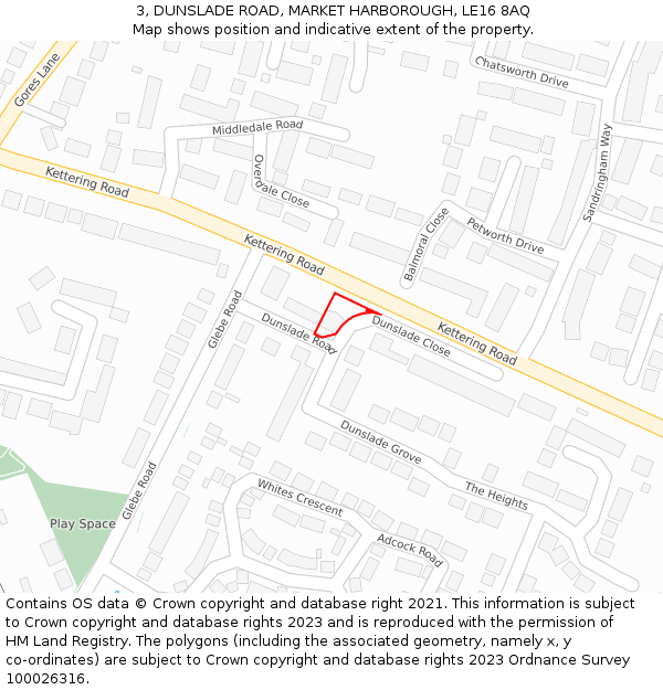 3, DUNSLADE ROAD, MARKET HARBOROUGH, LE16 8AQ: Location map and indicative extent of plot