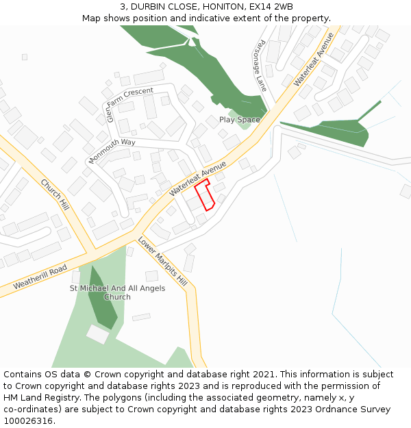 3, DURBIN CLOSE, HONITON, EX14 2WB: Location map and indicative extent of plot