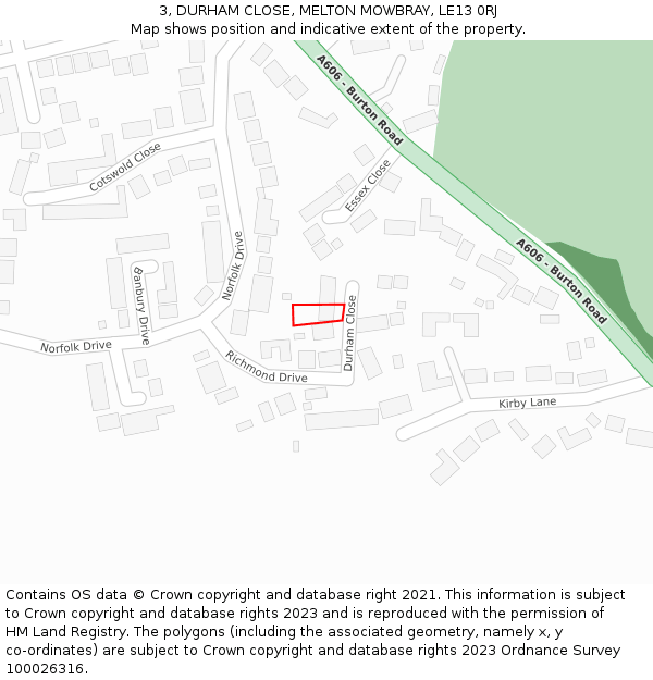 3, DURHAM CLOSE, MELTON MOWBRAY, LE13 0RJ: Location map and indicative extent of plot