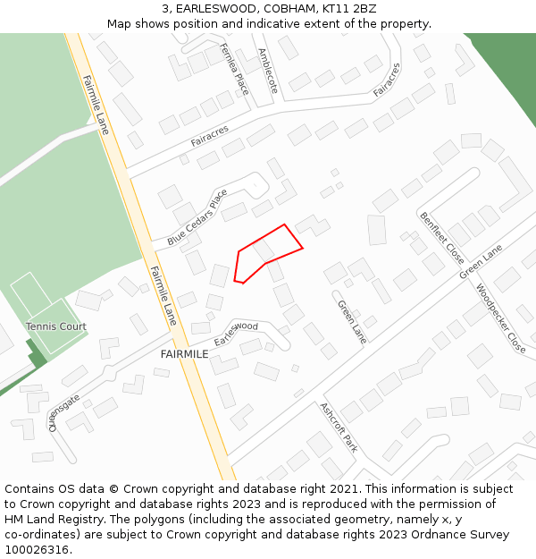 3, EARLESWOOD, COBHAM, KT11 2BZ: Location map and indicative extent of plot