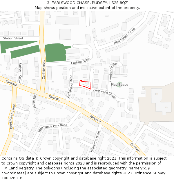 3, EARLSWOOD CHASE, PUDSEY, LS28 8QZ: Location map and indicative extent of plot