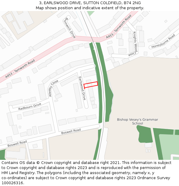 3, EARLSWOOD DRIVE, SUTTON COLDFIELD, B74 2NG: Location map and indicative extent of plot