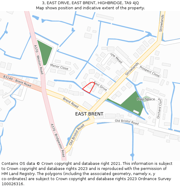 3, EAST DRIVE, EAST BRENT, HIGHBRIDGE, TA9 4JQ: Location map and indicative extent of plot