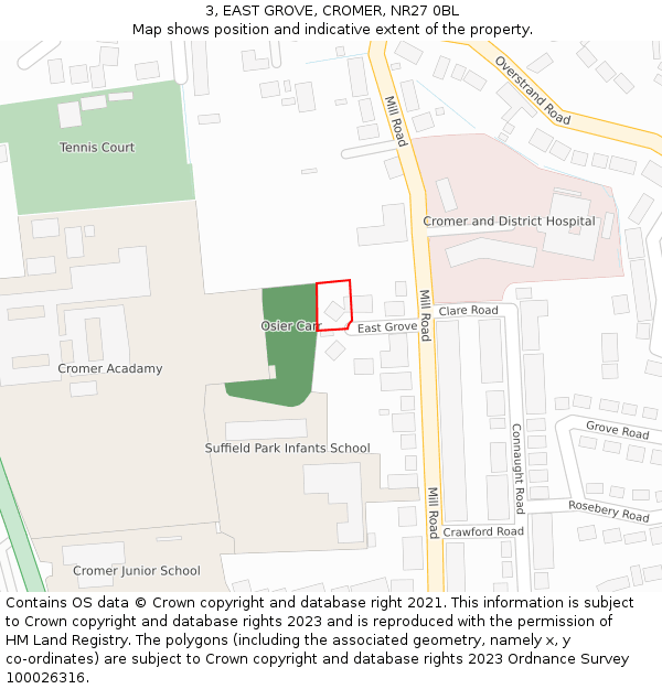 3, EAST GROVE, CROMER, NR27 0BL: Location map and indicative extent of plot