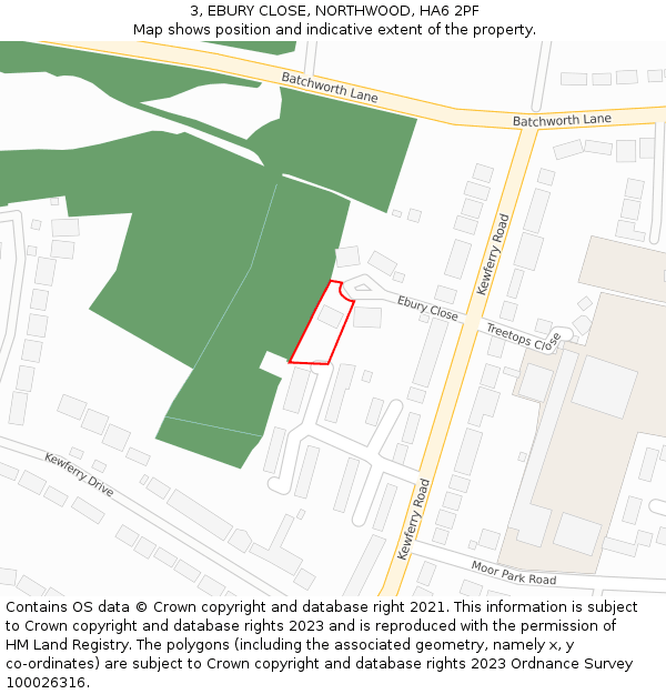 3, EBURY CLOSE, NORTHWOOD, HA6 2PF: Location map and indicative extent of plot