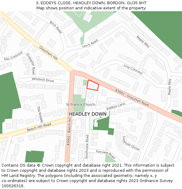 3, EDDEYS CLOSE, HEADLEY DOWN, BORDON, GU35 8HT: Location map and indicative extent of plot