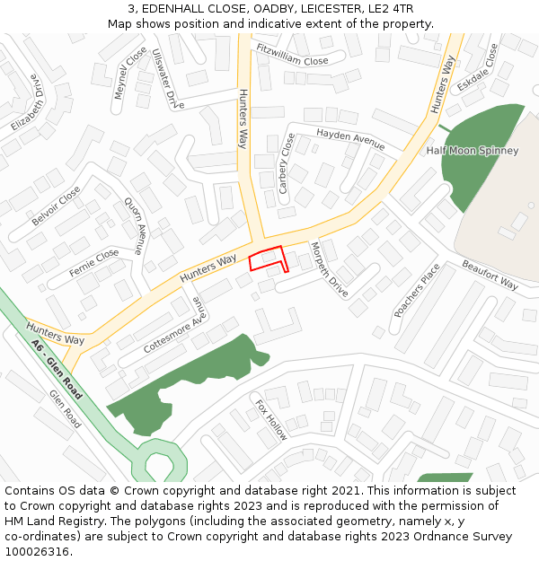 3, EDENHALL CLOSE, OADBY, LEICESTER, LE2 4TR: Location map and indicative extent of plot