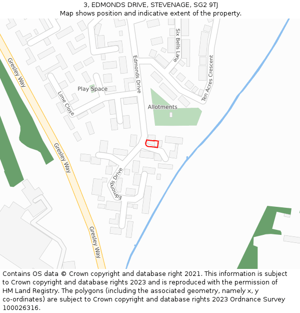 3, EDMONDS DRIVE, STEVENAGE, SG2 9TJ: Location map and indicative extent of plot