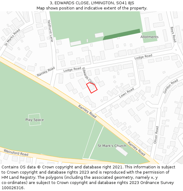 3, EDWARDS CLOSE, LYMINGTON, SO41 8JS: Location map and indicative extent of plot