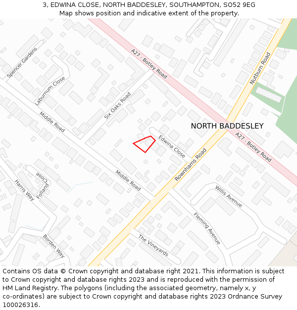 3, EDWINA CLOSE, NORTH BADDESLEY, SOUTHAMPTON, SO52 9EG: Location map and indicative extent of plot