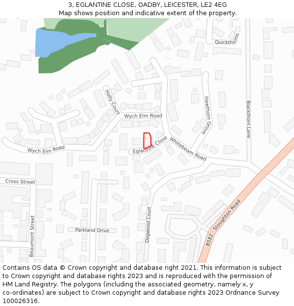 3, EGLANTINE CLOSE, OADBY, LEICESTER, LE2 4EG: Location map and indicative extent of plot