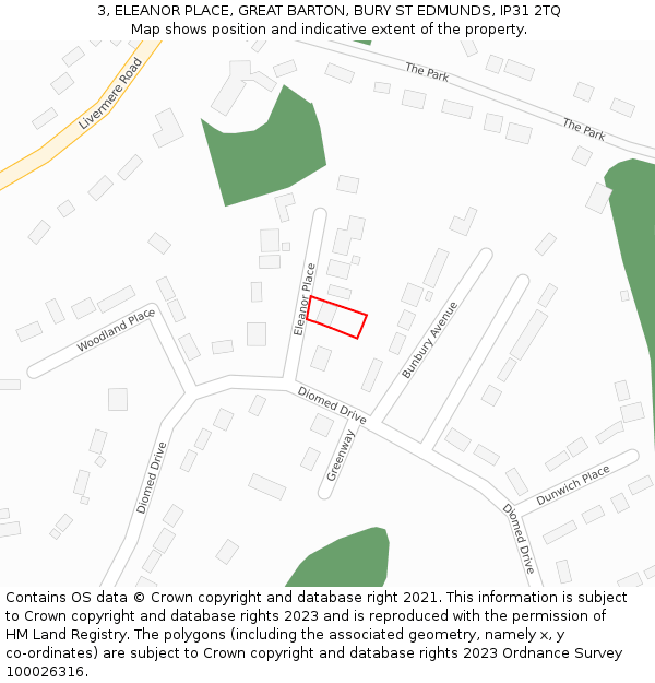 3, ELEANOR PLACE, GREAT BARTON, BURY ST EDMUNDS, IP31 2TQ: Location map and indicative extent of plot