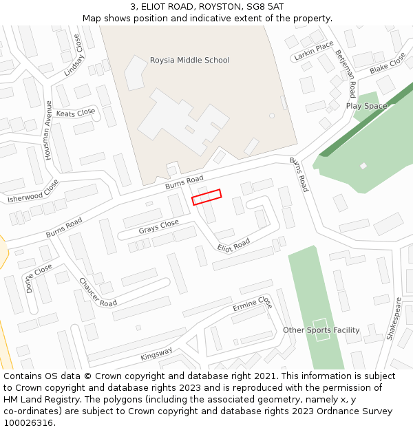 3, ELIOT ROAD, ROYSTON, SG8 5AT: Location map and indicative extent of plot