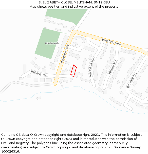 3, ELIZABETH CLOSE, MELKSHAM, SN12 6EU: Location map and indicative extent of plot