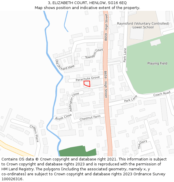 3, ELIZABETH COURT, HENLOW, SG16 6EQ: Location map and indicative extent of plot