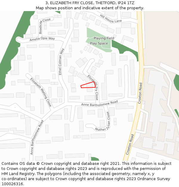 3, ELIZABETH FRY CLOSE, THETFORD, IP24 1TZ: Location map and indicative extent of plot