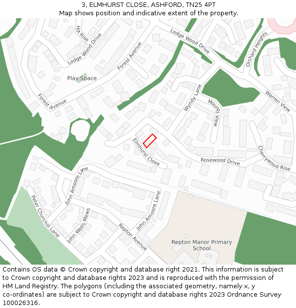 3, ELMHURST CLOSE, ASHFORD, TN25 4PT: Location map and indicative extent of plot