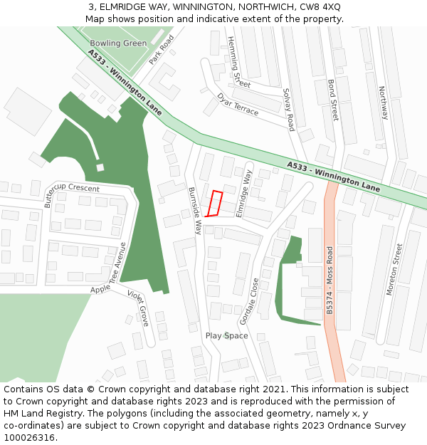 3, ELMRIDGE WAY, WINNINGTON, NORTHWICH, CW8 4XQ: Location map and indicative extent of plot