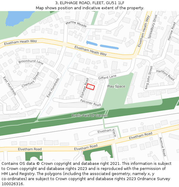 3, ELPHAGE ROAD, FLEET, GU51 1LF: Location map and indicative extent of plot