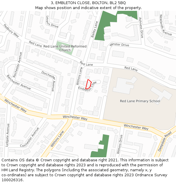 3, EMBLETON CLOSE, BOLTON, BL2 5BQ: Location map and indicative extent of plot