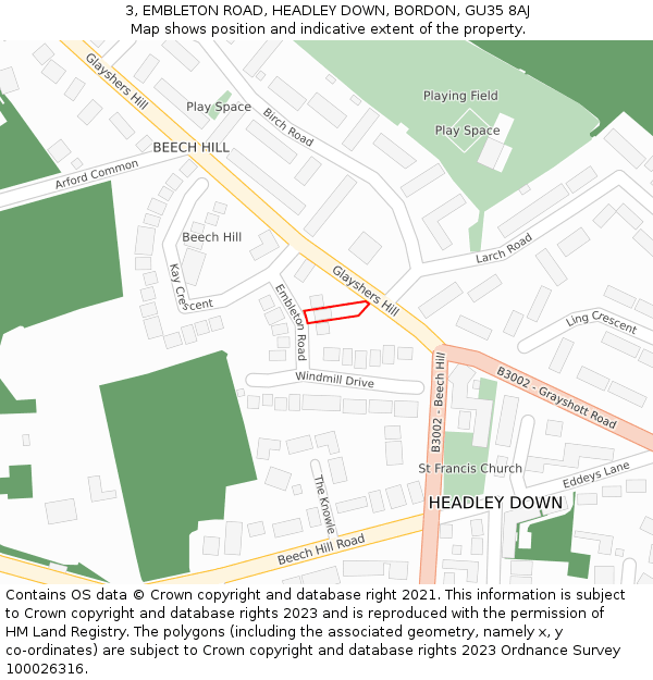 3, EMBLETON ROAD, HEADLEY DOWN, BORDON, GU35 8AJ: Location map and indicative extent of plot