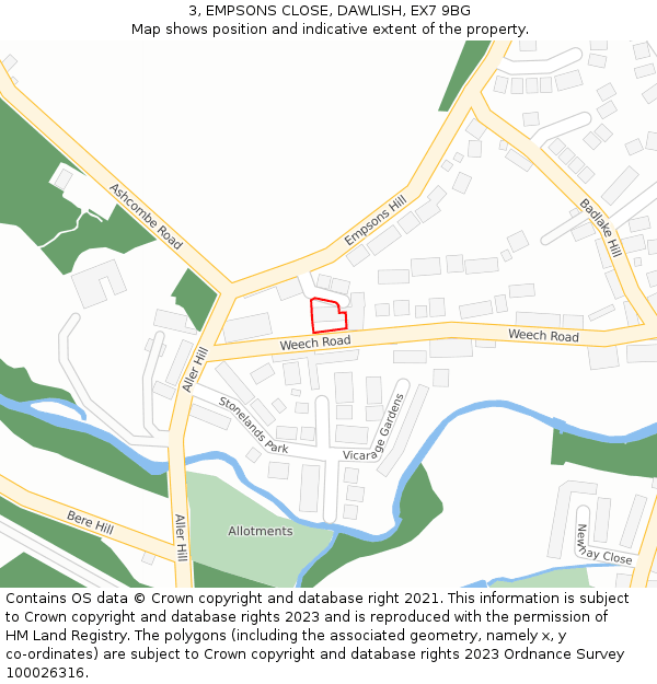 3, EMPSONS CLOSE, DAWLISH, EX7 9BG: Location map and indicative extent of plot