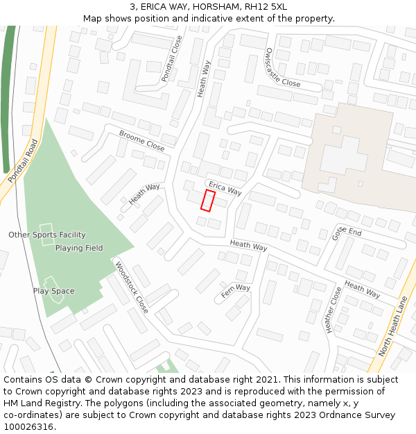 3, ERICA WAY, HORSHAM, RH12 5XL: Location map and indicative extent of plot