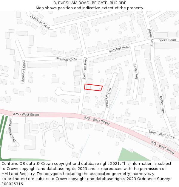 3, EVESHAM ROAD, REIGATE, RH2 9DF: Location map and indicative extent of plot