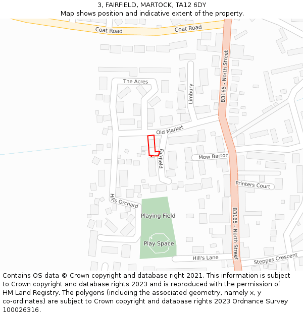 3, FAIRFIELD, MARTOCK, TA12 6DY: Location map and indicative extent of plot