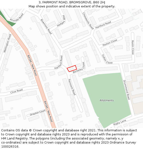 3, FAIRMONT ROAD, BROMSGROVE, B60 2HJ: Location map and indicative extent of plot