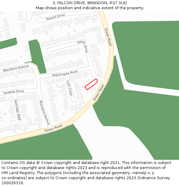 3, FALCON DRIVE, BRANDON, IP27 0UD: Location map and indicative extent of plot