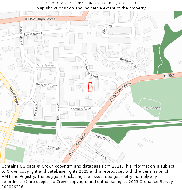 3, FALKLANDS DRIVE, MANNINGTREE, CO11 1DF: Location map and indicative extent of plot