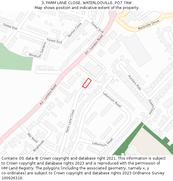 3, FARM LANE CLOSE, WATERLOOVILLE, PO7 7AW: Location map and indicative extent of plot