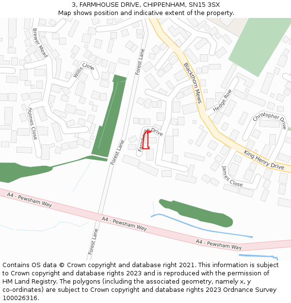 3, FARMHOUSE DRIVE, CHIPPENHAM, SN15 3SX: Location map and indicative extent of plot