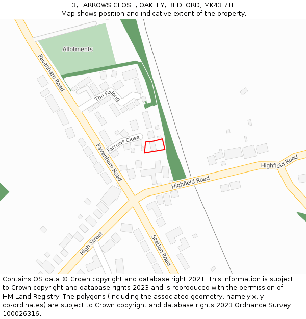 3, FARROWS CLOSE, OAKLEY, BEDFORD, MK43 7TF: Location map and indicative extent of plot