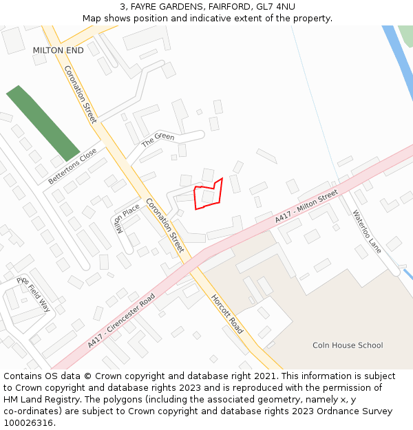 3, FAYRE GARDENS, FAIRFORD, GL7 4NU: Location map and indicative extent of plot