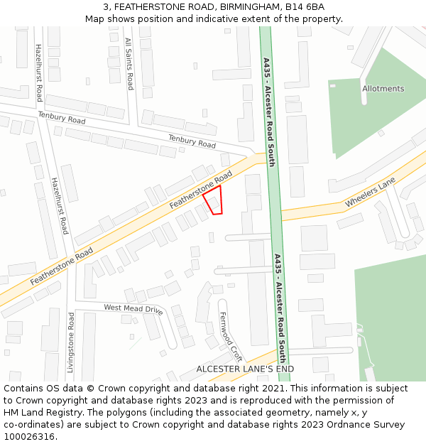 3, FEATHERSTONE ROAD, BIRMINGHAM, B14 6BA: Location map and indicative extent of plot