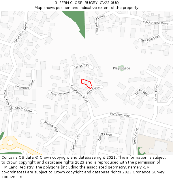 3, FERN CLOSE, RUGBY, CV23 0UQ: Location map and indicative extent of plot