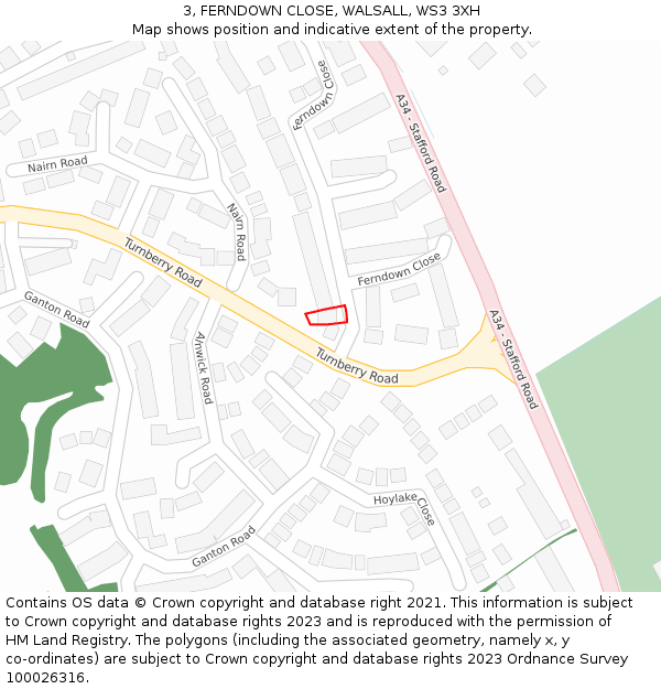 3, FERNDOWN CLOSE, WALSALL, WS3 3XH: Location map and indicative extent of plot