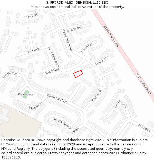 3, FFORDD ALED, DENBIGH, LL16 3EQ: Location map and indicative extent of plot