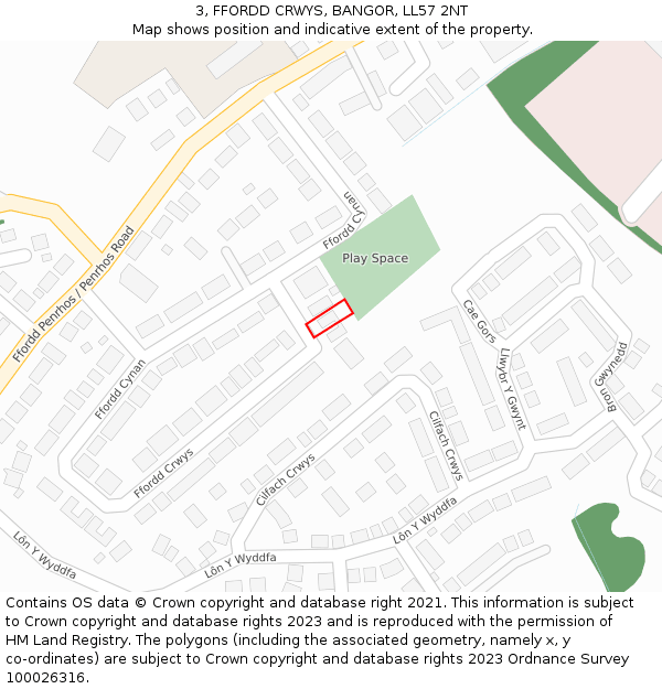 3, FFORDD CRWYS, BANGOR, LL57 2NT: Location map and indicative extent of plot