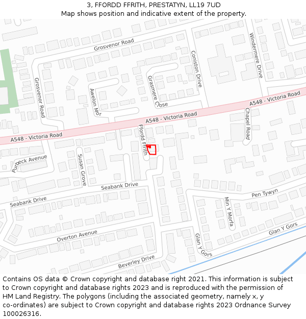 3, FFORDD FFRITH, PRESTATYN, LL19 7UD: Location map and indicative extent of plot