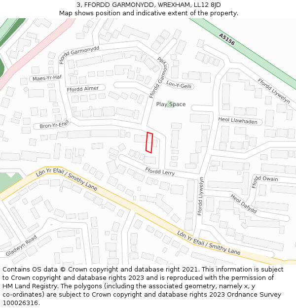 3, FFORDD GARMONYDD, WREXHAM, LL12 8JD: Location map and indicative extent of plot