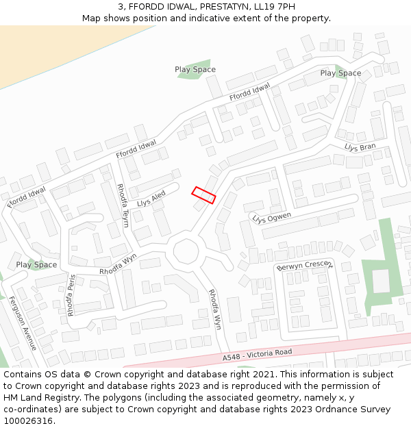 3, FFORDD IDWAL, PRESTATYN, LL19 7PH: Location map and indicative extent of plot