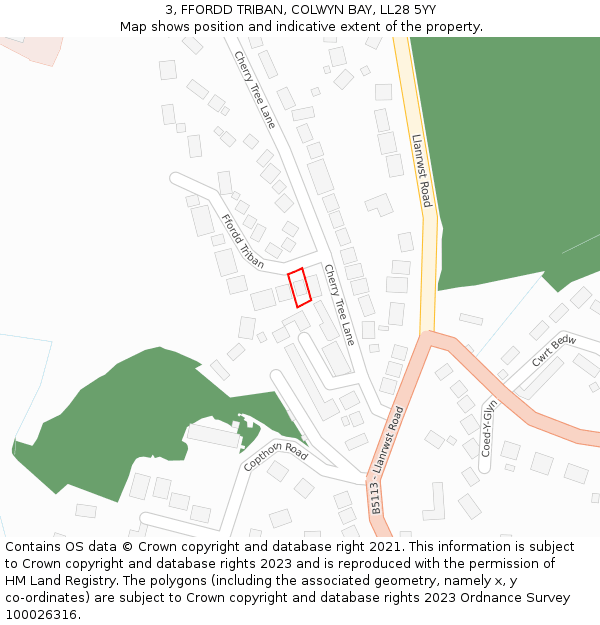 3, FFORDD TRIBAN, COLWYN BAY, LL28 5YY: Location map and indicative extent of plot