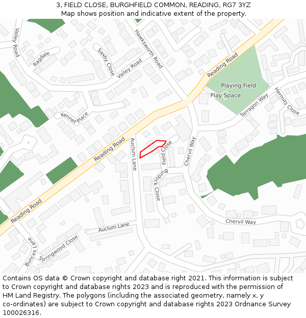 3, FIELD CLOSE, BURGHFIELD COMMON, READING, RG7 3YZ: Location map and indicative extent of plot