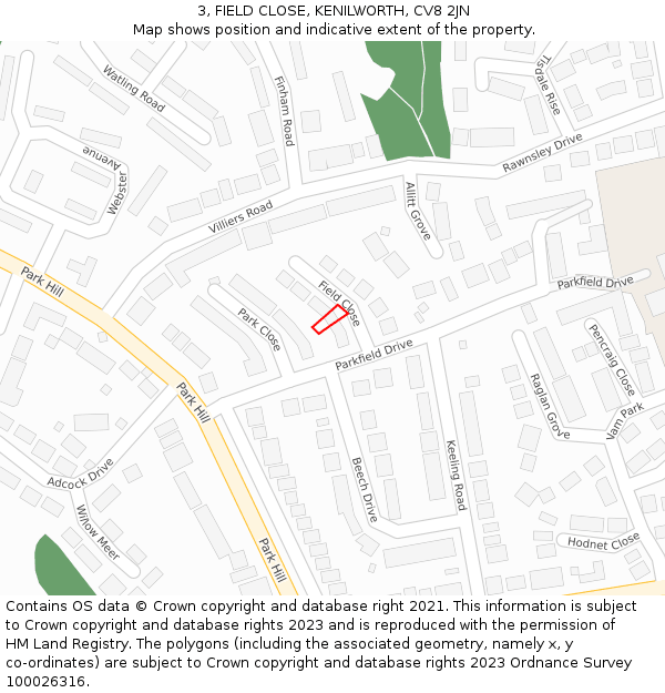 3, FIELD CLOSE, KENILWORTH, CV8 2JN: Location map and indicative extent of plot
