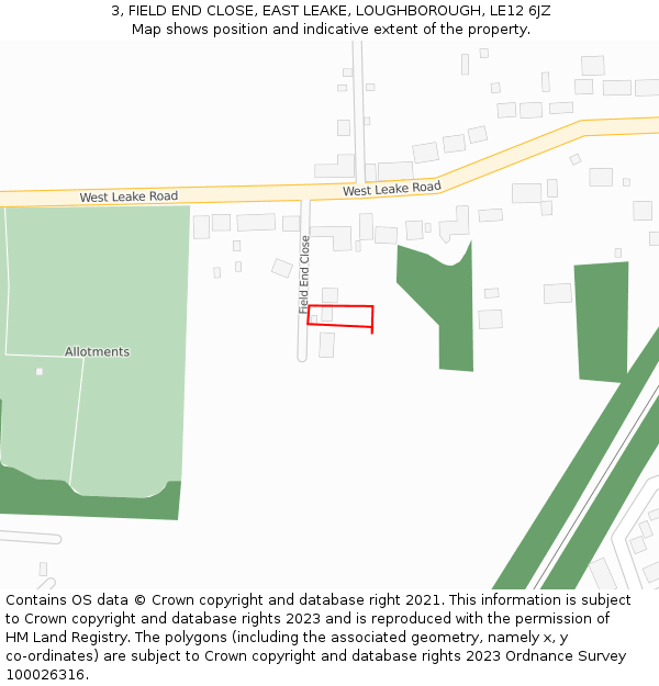 3, FIELD END CLOSE, EAST LEAKE, LOUGHBOROUGH, LE12 6JZ: Location map and indicative extent of plot