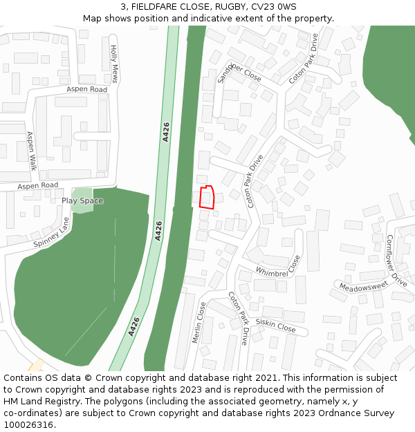 3, FIELDFARE CLOSE, RUGBY, CV23 0WS: Location map and indicative extent of plot