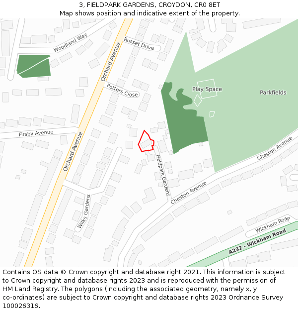 3, FIELDPARK GARDENS, CROYDON, CR0 8ET: Location map and indicative extent of plot